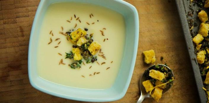 Roasted Celeriac and Caraway Soup with Herb and Caper Croutons