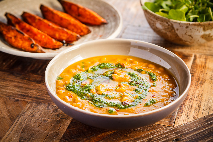 Squash and Black-eyed Bean Soup with Watercress Pistou and Sweet Potato Wedges
