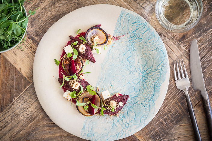 Beetroot Kibbeh with Charred Onions, Beetroot Liquorice Yoghurt and Feta
