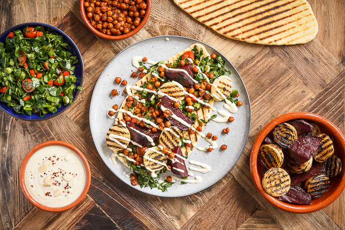 Middle Eastern Flavours - Griddled Beetroot, Onion and Flatbreads with Spiced Chickpeas & Ezme Salad