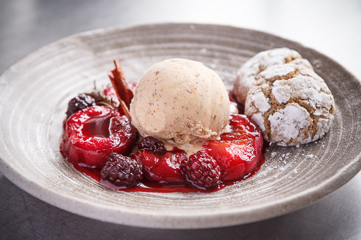 Spiced Baked Fruit with Hazelnut Praline Ice Cream and Amaretti Biscuits