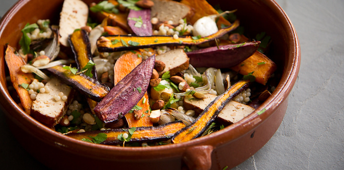 Roasted Root Vegetables with Smoked Tofu, Giant Couscous and Almonds