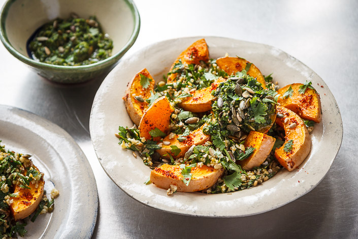 Roasted Squash, Seeded Herby Freekeh and Zhoug