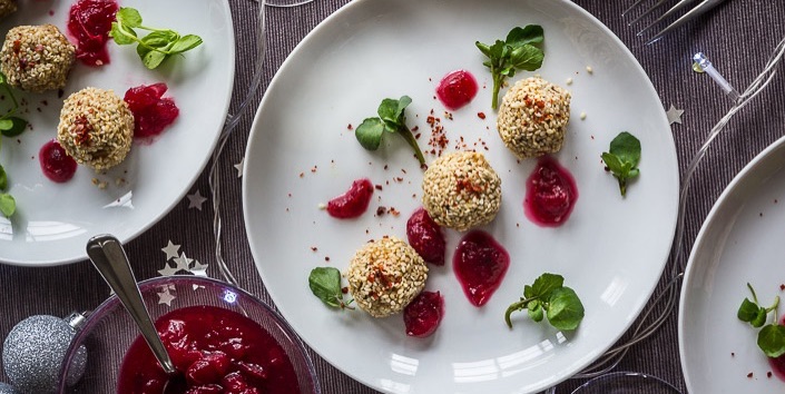 Sweet Potato, Chestnut and Sesame Balls with Cranberry Relish
